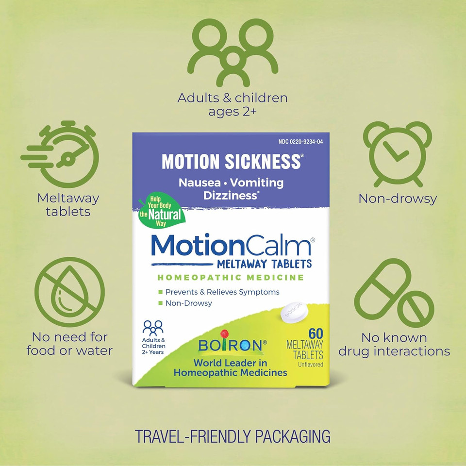 Boiron Motioncalm Relief For Nausea, Vomiting, Or Dizziness Associated With Motion Sickness Due To Travel, Amusement Rides, And Video Games Or Vr - Non-Drowsy - 60 Count Boiron Motioncalm Relief For Nausea, Vomiting, Or Dizziness Associated With Motion Sickness Due To Travel, Amusement Rides, And Video Games Or Vr - Non-Drowsy - 60 Count