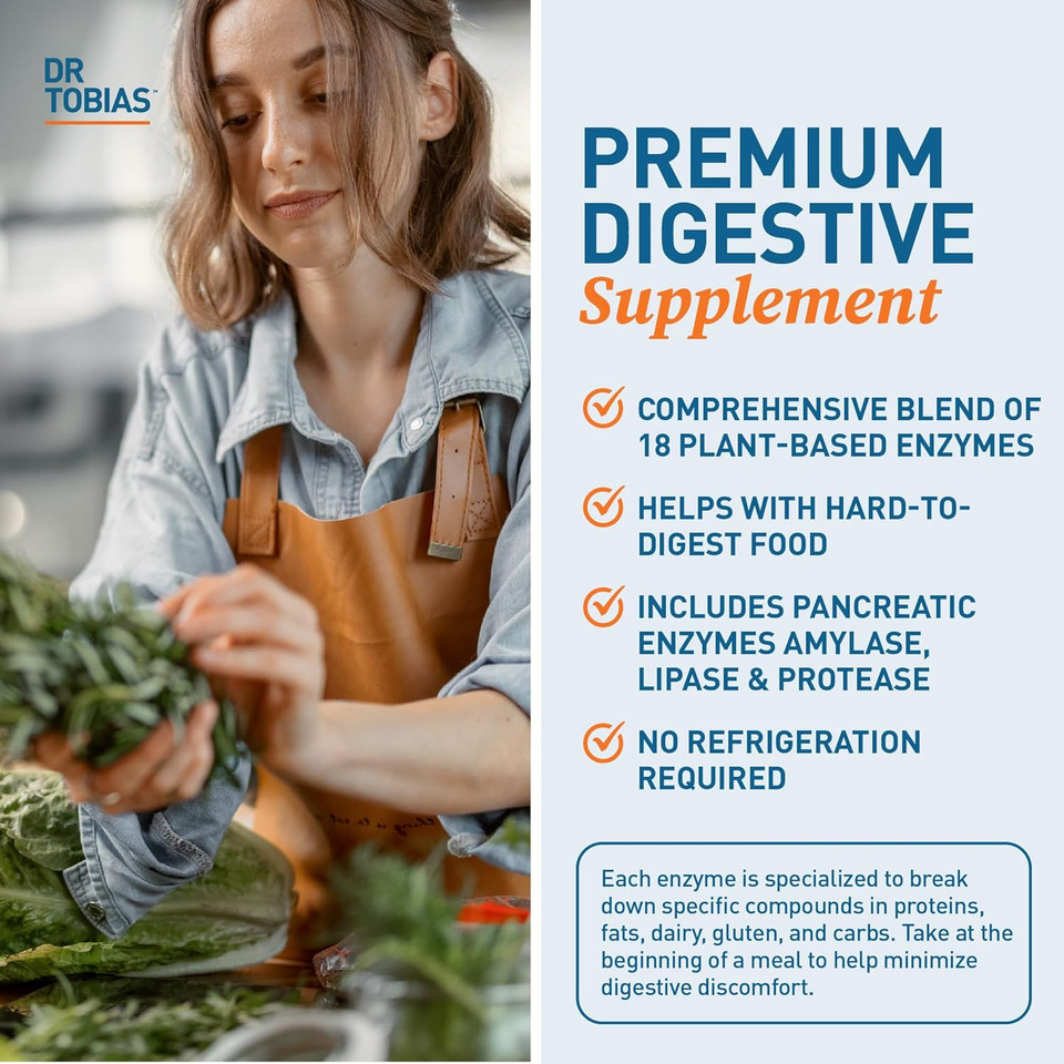 Dr. Tobias Digestive Enzymes With Amylase, Bromelain, Lipase, Lactase, Protease, Papain & More, Digestion Supplement With 18 Enzymes For Digestion And Gut Health, 60 Capsules, 30 Servings