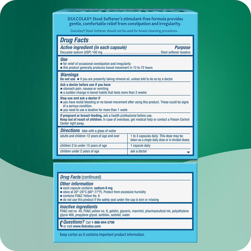 Dulcolax Stool Softener Laxative Liquid Gel Capsules, Gentle Constipation Relief For Hard, Dry Stools, Docusate Sodium 100 Mg, 100 Count