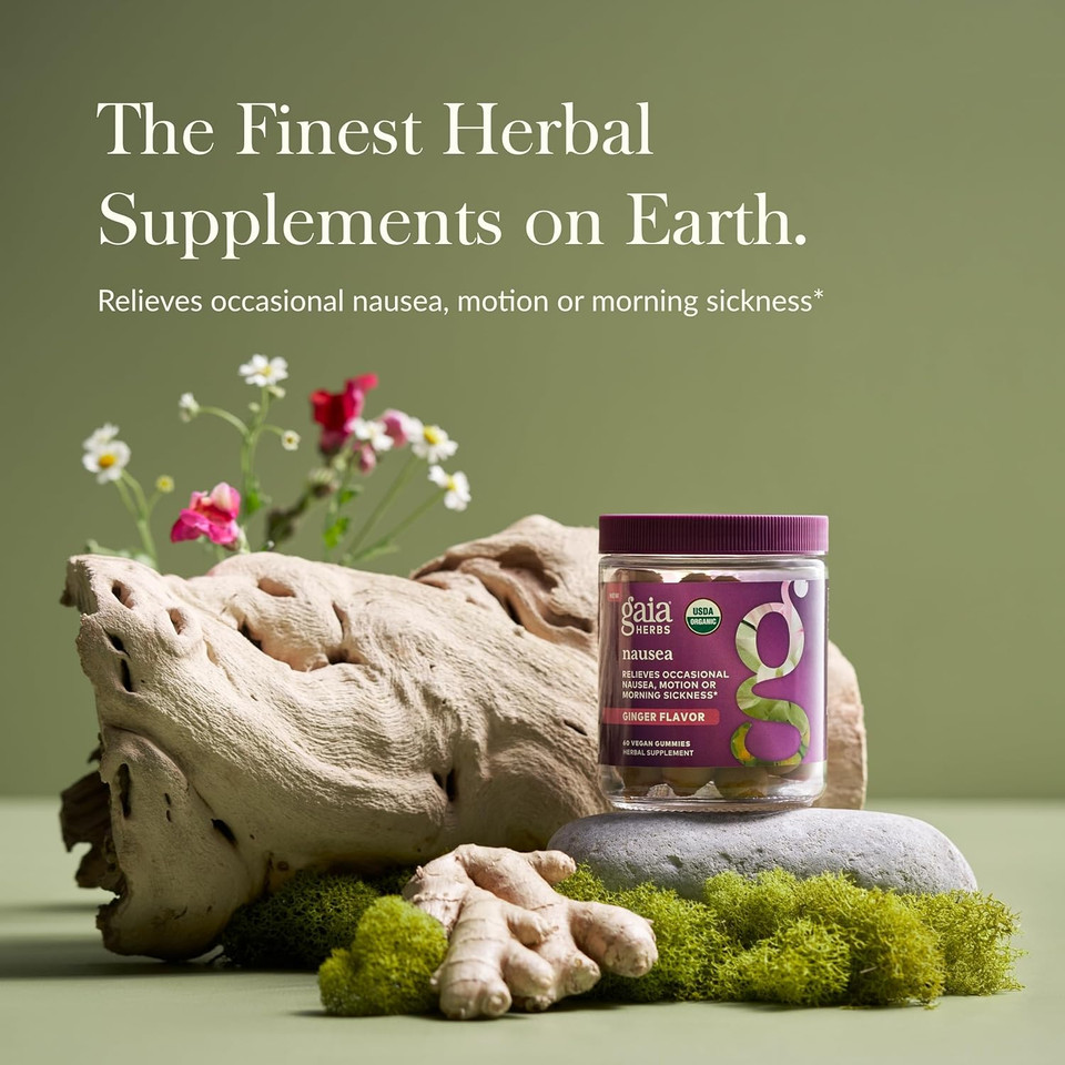 Gaia Herbs Nausea Organic Gummy - Relieves Occasional Nausea - With Ginger And Lemon - 60 Vegan Gummies (30-Day Supply)