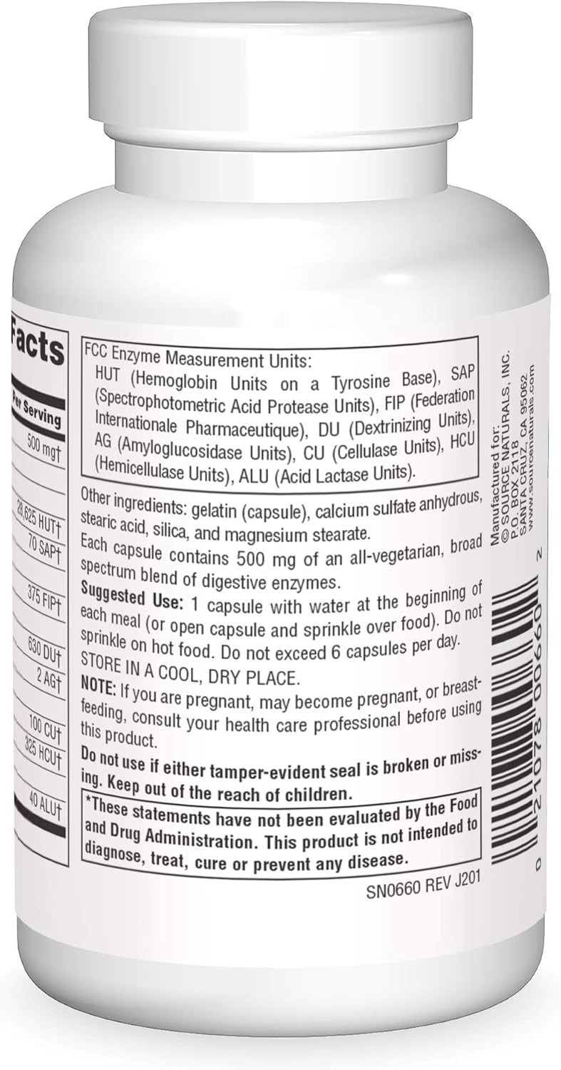 Source Naturals Essential Enzymes 500Mg Bio-Aligned Multiple Enzyme Supplement Herbal Defense For Digestion, Gas, Constipation & Bloating Relief - Supports Immune System - 240 Capsules