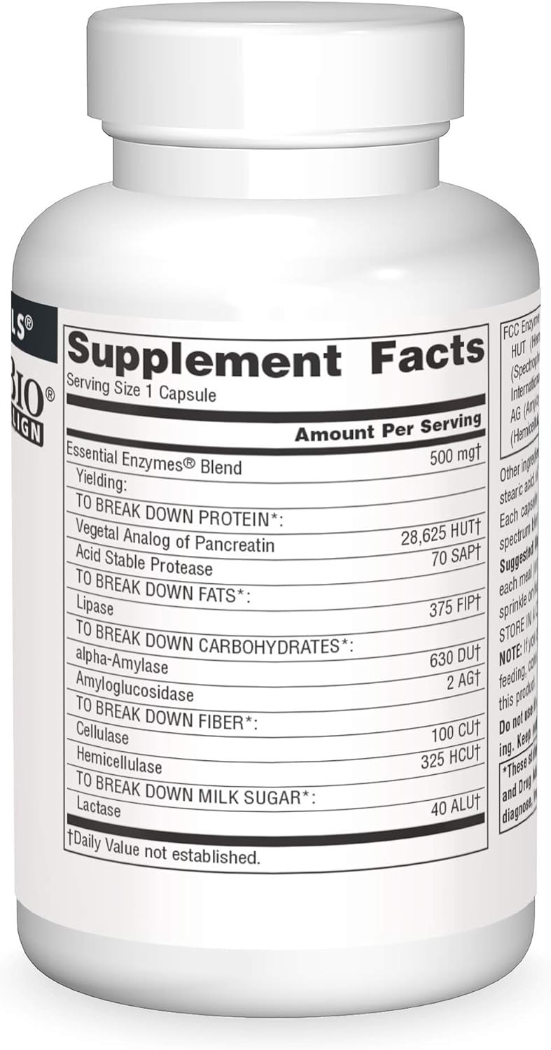 Source Naturals Essential Enzymes 500Mg Bio-Aligned Multiple Enzyme Supplement Herbal Defense For Digestion, Gas, Constipation & Bloating Relief - Supports Immune System - 240 Capsules