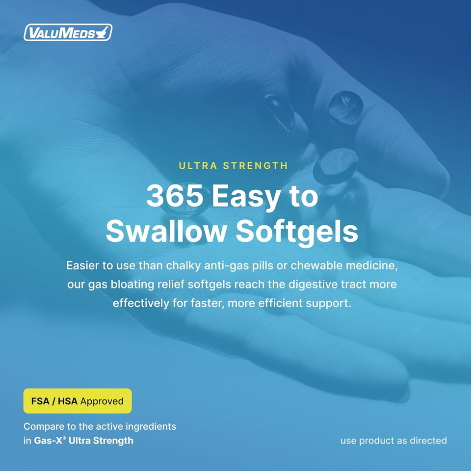 Valumeds Ultra-Strength Gas Relief For Adults (365 Softgels) Relieves Pressure, Bloating, And Painful Discomfort | Improves Regularity And Digestive Balance | 180Mg Simethicone