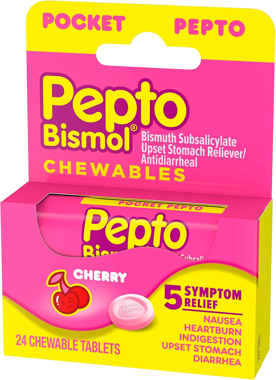 Pepto Bismol Pocket Chewable Tablets For Nausea, Heartburn, Indigestion, Upset Stomach, And Diarrhea - 5 Symptom Fast Relief, Cherry Flavor 24 Ct