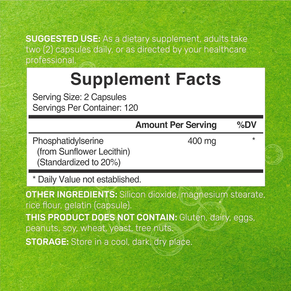 Phosphatidylserine Supplement, 400Mg Serving, 240 Capsules  Soy Free Sunflower Lecithin Source