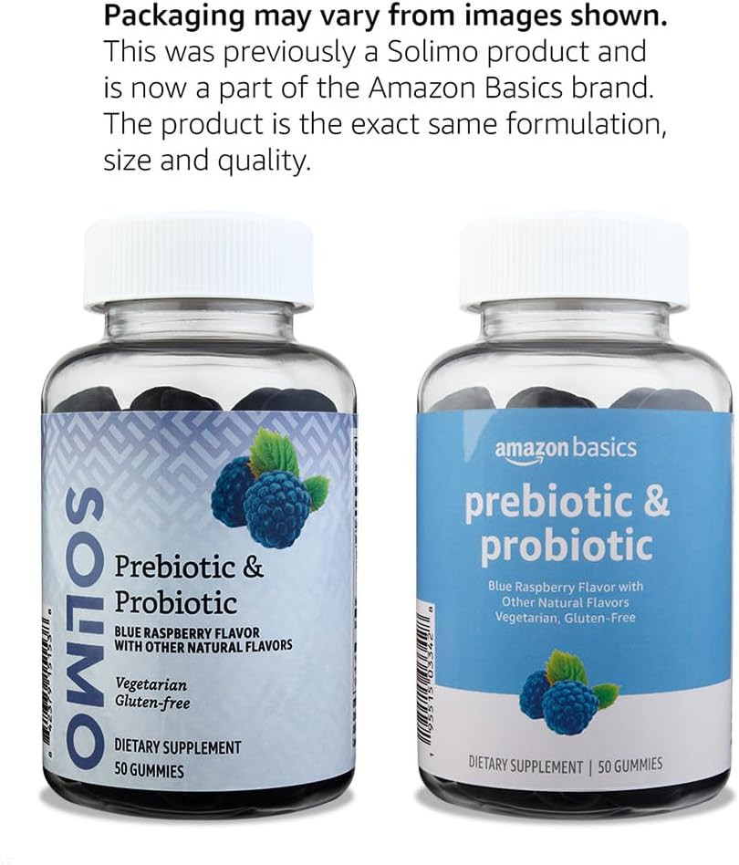 Amazon Basics Prebiotic & Probiotic Gummies, 2 Billion Cfu, Blue Raspberry, 50 Count (2 Per Serving) (Previously Solimo)