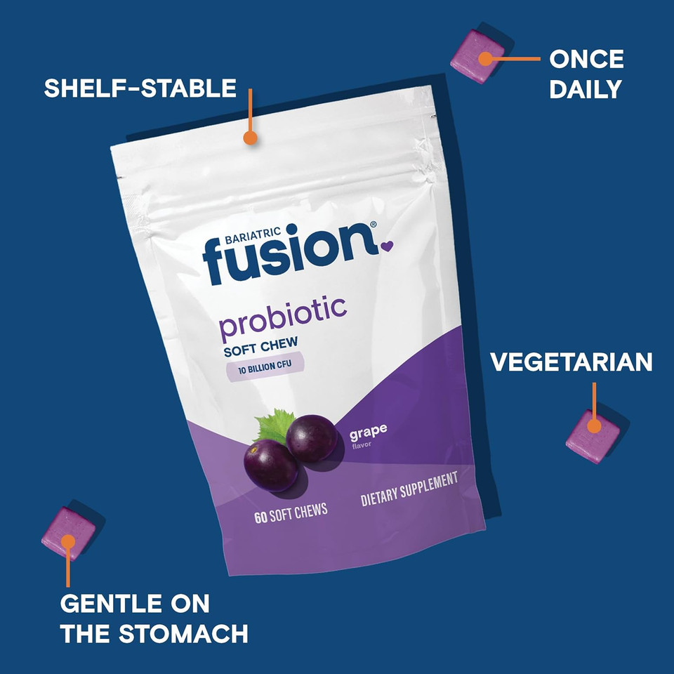 Bariatric Fusion Probiotic Soft Chews | Grape Flavor Chewy Bariatric Vitamin | 10 Billion Cfu | Bacillus Coagulans | Support Digestive & Immune Health | 60 Count