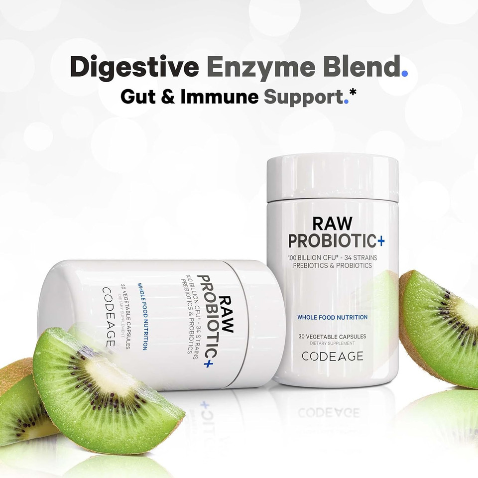 Codeage Raw Probiotic+ Supplement 100 Billion Cfu, 34 Strains With Digestive Enzymes, Raw Fruits & Veggies Prebiotics - Wild Kefir Culture - Non-Gmo - Gluten-Free - 1 Capsule Per Serving - 30 Capsules
