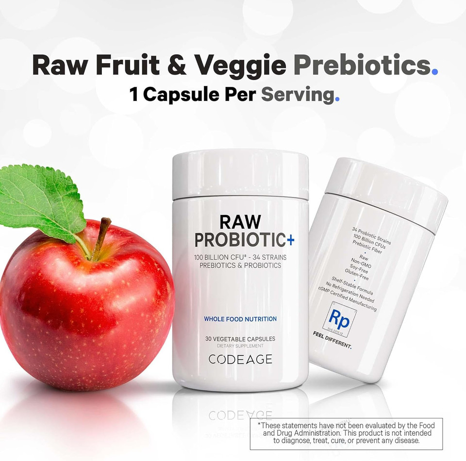 Codeage Raw Probiotic+ Supplement 100 Billion Cfu, 34 Strains With Digestive Enzymes, Raw Fruits & Veggies Prebiotics - Wild Kefir Culture - Non-Gmo - Gluten-Free - 1 Capsule Per Serving - 30 Capsules