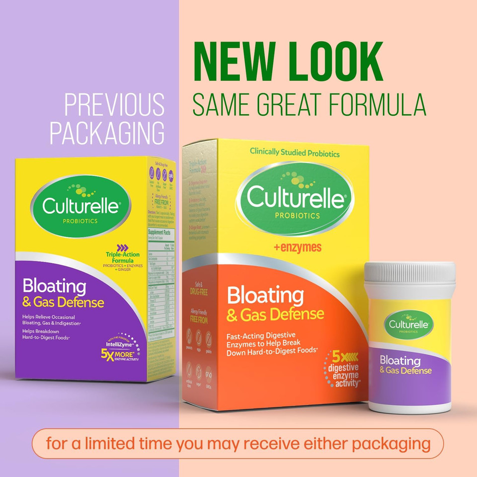 Culturelle Bloating & Gas Defense, Digestive Enzymes & Probiotics For Digestive Health, 30 Capsules, Supports Occasional Indigestion & Discomfort