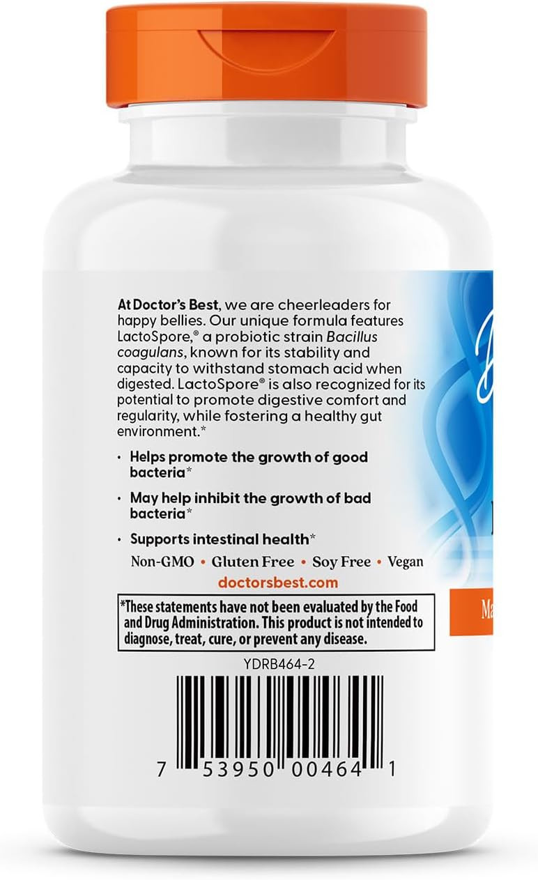 Doctor'S Best Digestive Health Probiotic 2 Billion With Lactospore, Non-Gmo, Vegan, Gluten Free, Soy Free, 60 Veggie Caps (Drb-00464)