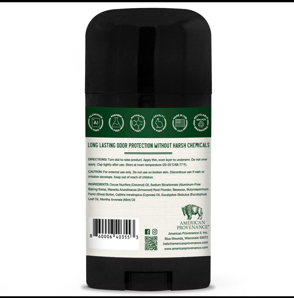 American Provenance Aluminum Free Natural Deodorant For Women And Men - Eucalytus And Mint - 24 Hour Odor Protection Cruelty Free - Made In The Usa (1 Pack)