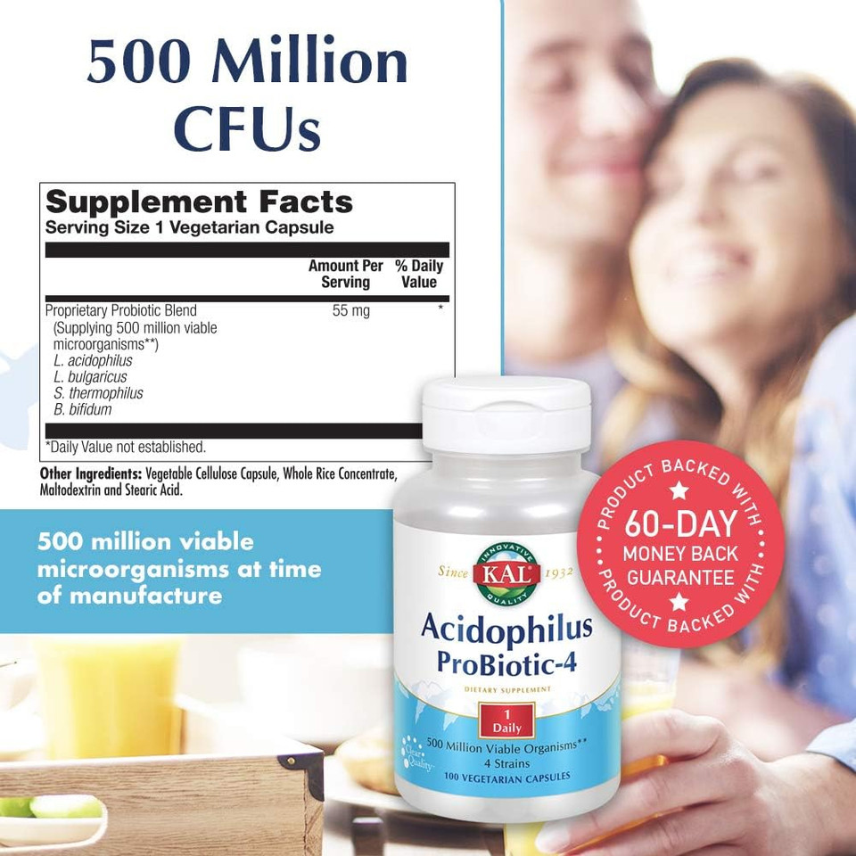 Kal Acidophilus Probiotic-4, 500 Million Cfus, Four Probiotic Strains, Probiotics For Women And Men, Freeze Dried, L. Acidophilus, L. Bulgaricus, S. Thermophilus, B. Bifidum, 100 Servings, 100 Vegcaps
