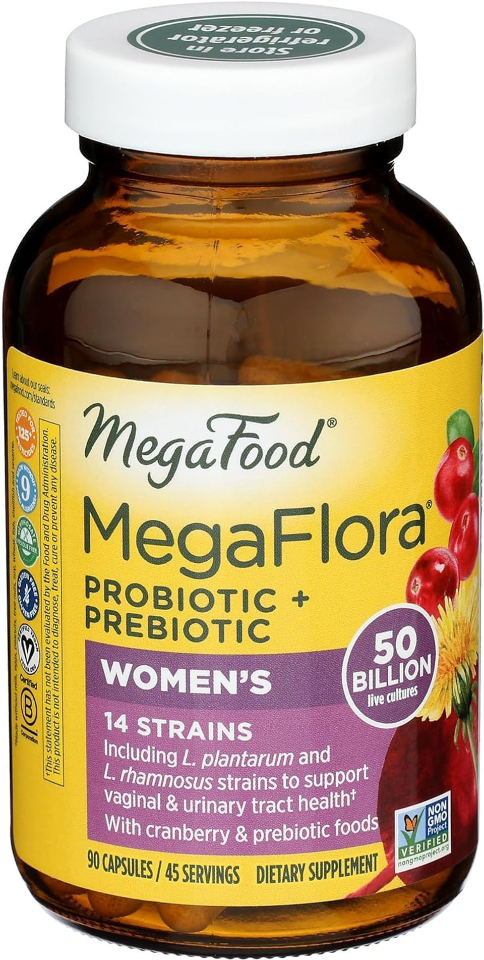 Megafood Megaflora Probiotics For Women + Prebiotics - Probiotic With 14 Strains & 50 Billion Cfus - With Cranberry - Vegan & Non-Gmo - Made Without 9 Food Allergens - 90 Caps (45 Servings)