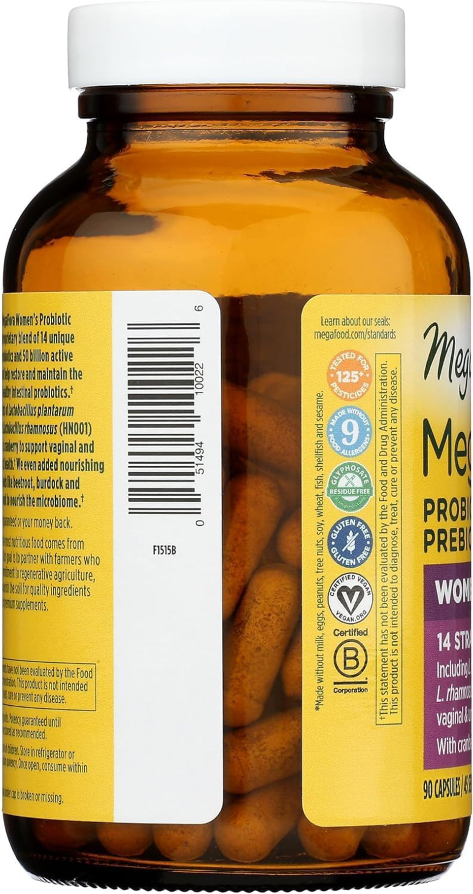 Megafood Megaflora Probiotics For Women + Prebiotics - Probiotic With 14 Strains & 50 Billion Cfus - With Cranberry - Vegan & Non-Gmo - Made Without 9 Food Allergens - 90 Caps (45 Servings)