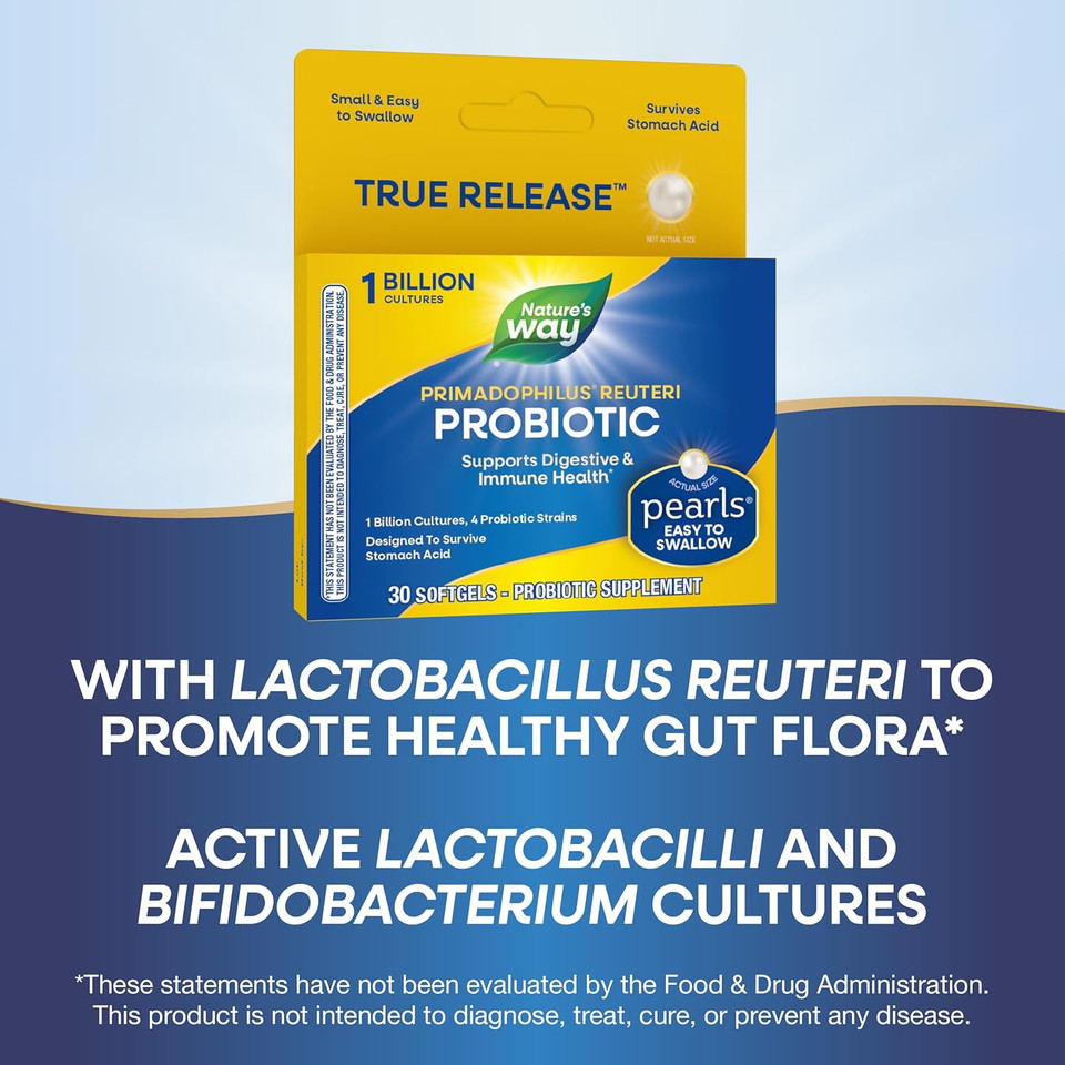 Nature'S Way Primadophilus Reuteri Probiotic Pearls For Men And Women, Digestive And Immune Health*, 1 Billion Culture, 4 Probiotic Strains, Survives Stomach Acid, 30 Softgels (Packaging May Vary)