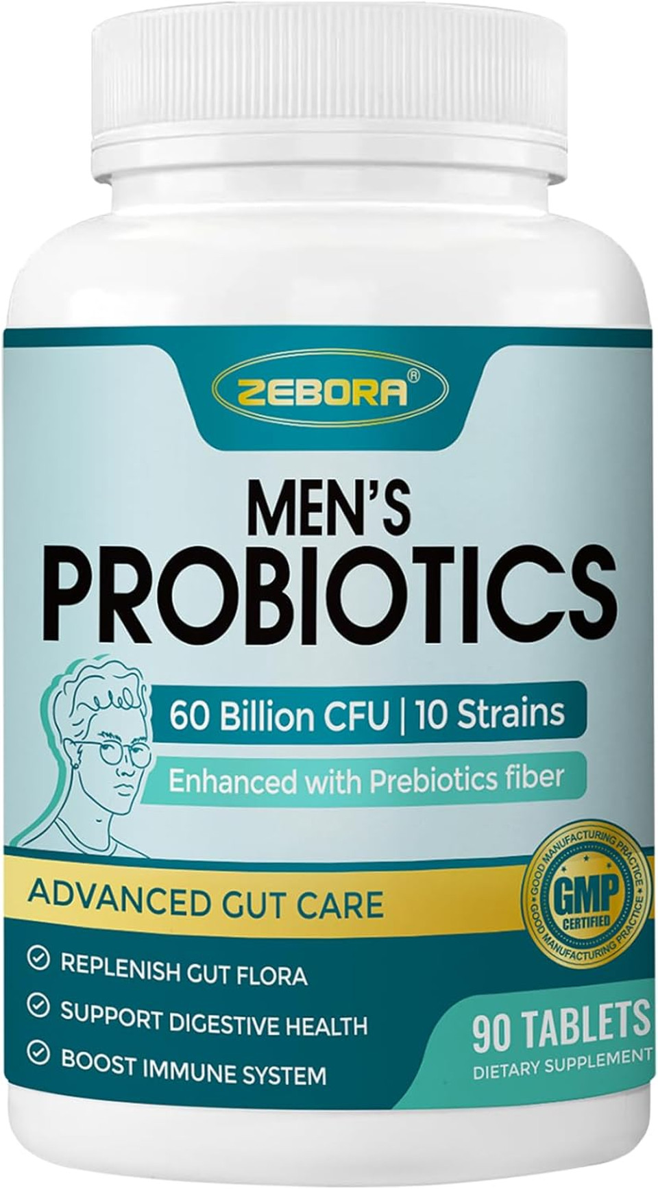 Probiotics For Men, Probiotics And Prebiotics For Digestive Health, 90 Tablets, 60 Billion Cfus For Immune And Gut Health, 10 Strains, Hypoallergenic Probiotics, Shelf Stable, Gluten & Soy Free