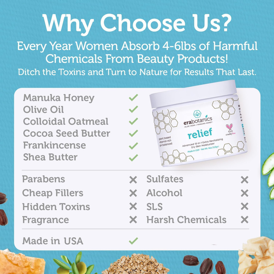 Era Organics Eczema, Psoriasis & Dermatitis Moisturizer Cream - Advanced 13-In-1 Non-Greasy Calming Moisturizer With Aloe Vera, Manuka Honey & More. Face & Body Lotion For Dry Itchy Skin 4Oz