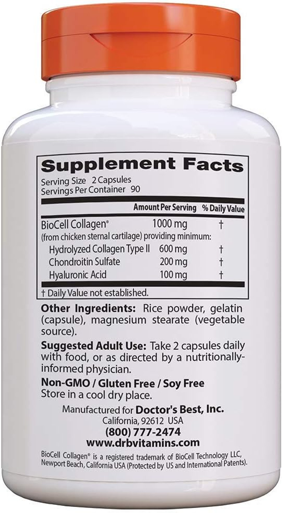 Doctor'S Best Hyaluronic Acid With Chondroitin Sulfate, Featuring Biocell Collagen, Non-Gmo, Gluten Free, Soy Free, Joint Support, 180 Count (Pack Of 1)