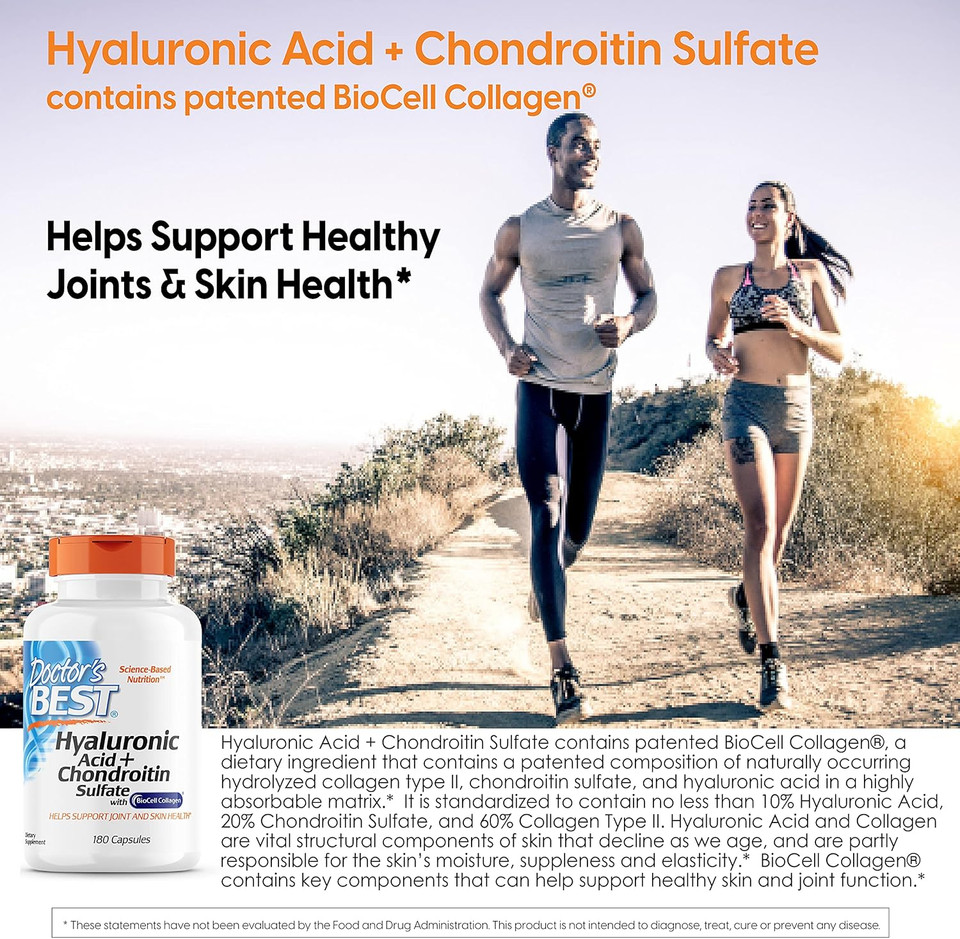 Doctor'S Best Hyaluronic Acid With Chondroitin Sulfate, Featuring Biocell Collagen, Non-Gmo, Gluten Free, Soy Free, Joint Support, 180 Count (Pack Of 1)