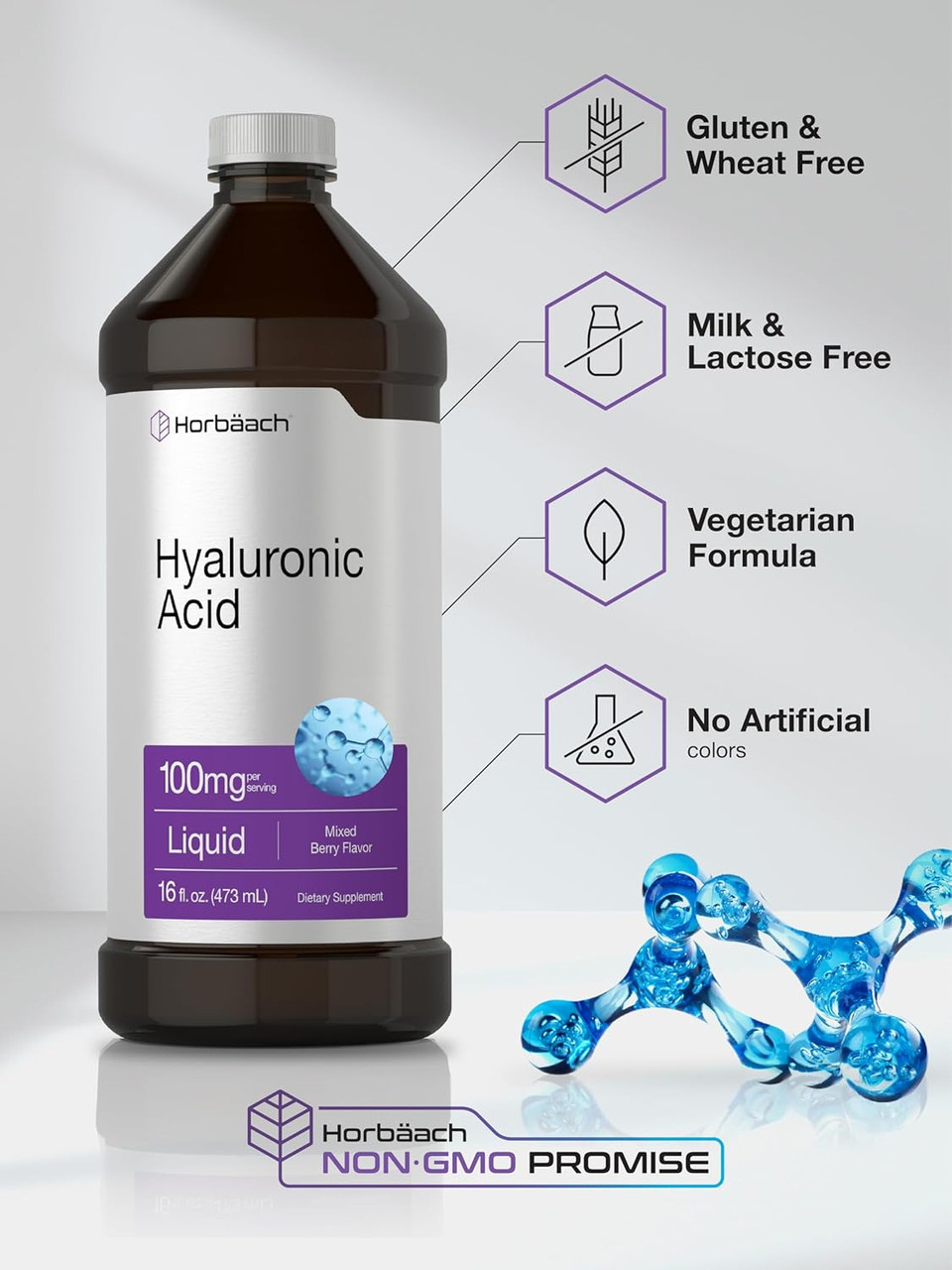 Horbã£Â¤Ach Liquid Hyaluronic Acid Supplement | 100 Mg | 16 Oz | Mixed Berry Flavor | Non-Gmo And Gluten Free Formula