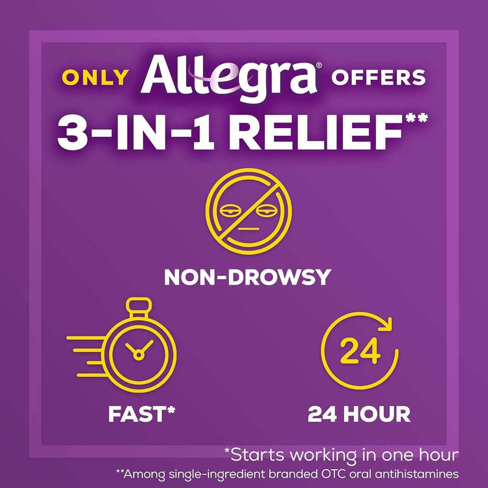 Allegra Adult 24Hr Non-Drowsy Antihistamine, 45 Tablets, Fast-Acting Allergy Symptom Relief, 180 Mg