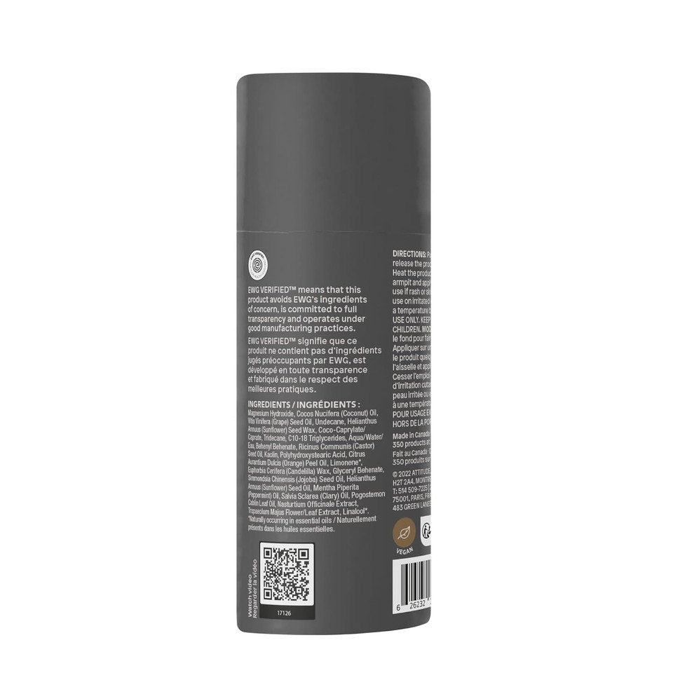 Attitude Plastic-Free Deodorant, Aluminum Free, Baking-Soda Free, Ewg Verified Body Care, Vegan And Cruelty-Free, Peppermint And Sweet Orange, 3 Ounces