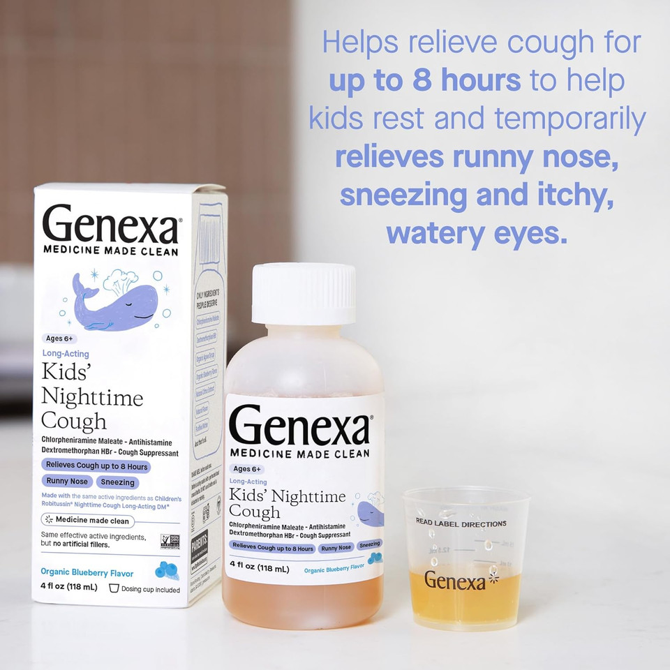 Genexa Kids' Nighttime Cough Medicine | Long-Acting Childrenã¢ÂS Liquid Cough Suppressant And Temporary Relief For Runny Nose, And Sneezing For Kids 6+ | Delicious Organic Blueberry Flavor | 4 Fl Oz