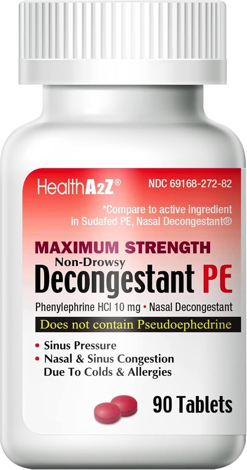 Healtha2Zã¢Â® Decongestant Pe | Phenylephrine Hcl 10 Mg | Maximum Strength | Non-Drowsy Nasal & Sinus Congestion Relief Due To Cold & Allergies (90 Count (Pack Of 1))