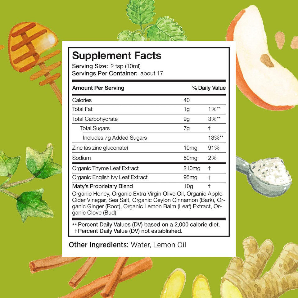 Matys Adult Mucus Cough Syrup For Adults & Children 12 Years & Up, Soothing Relief Ivy With Organic Ingredients & Zinc, 6 Fl Oz
