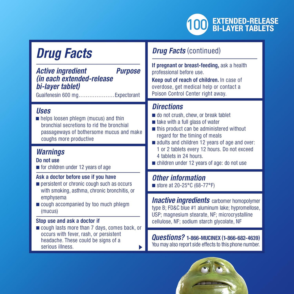 Mucinex 12 Hour 600 Mg Guaifenesin Extended-Release Tablets For Excess Mucus Relief, Expectorant Aids Excess Mucus Removal, Chest Congestion Relief, 100 Bi-Layer Tablets