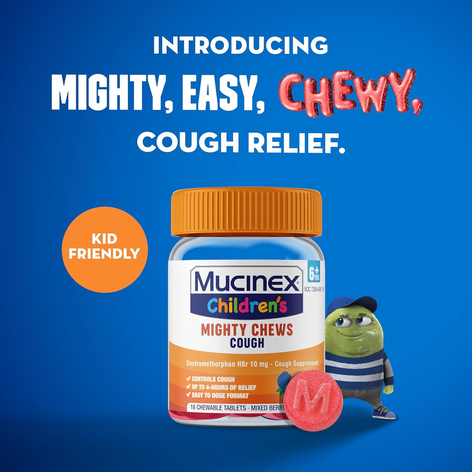 Mucinex Children'S Mighty Chews Nighttime Kids Cough Medicine, Easy To Dose Cough Suppressant With Dextromethorphan, Kids Travel Medicine For Cough, Mixed Berry Flavor, 16 Medicated Chewable Tablets