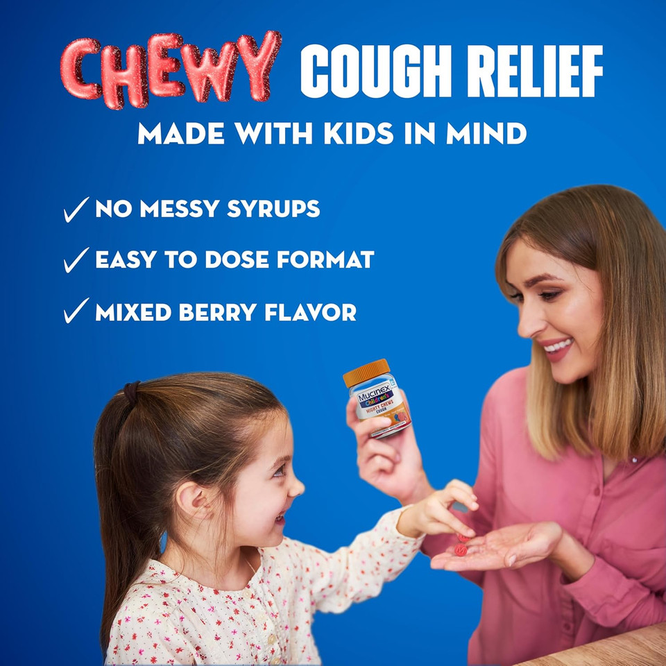 Mucinex Children'S Mighty Chews Kids Cough Medicine, Easy To Dose Cough Suppressant For Kids With Dextromethorphan, Kids Travel Medicine For Cough, Mixed Berry Flavor, 16 Medicated Chewable Tablets