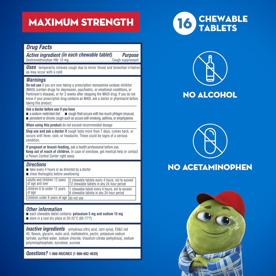 Mucinex Children'S Mighty Chews Kids Cough Medicine, Easy To Dose Cough Suppressant For Kids With Dextromethorphan, Kids Travel Medicine For Cough, Mixed Berry Flavor, 16 Medicated Chewable Tablets