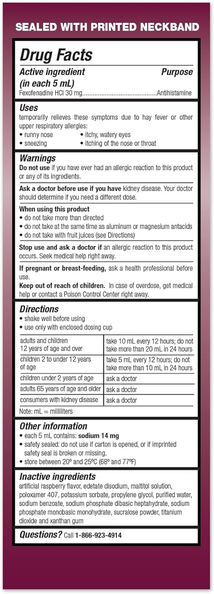 Taro Children'S 12Hr Allergy Relief Non-Drowsy Antihistamine Liquid, Berry Flavor, Alcohol-Free, Dye-Free & Sugar Free, Fexofenadine Hcl (4 Oz)