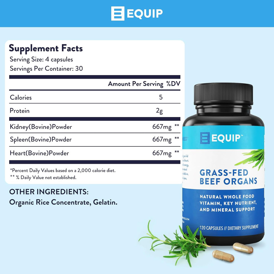 Equip Foods Grass-Fed Beef Organs - Grass Fed Beef Organ Supplement - Support Heart, Kidney & Spleen Health, Detox & Digestion, Vitality & Metabolism - Hormone, Antibiotic And Gmo Free - 120 Capsules