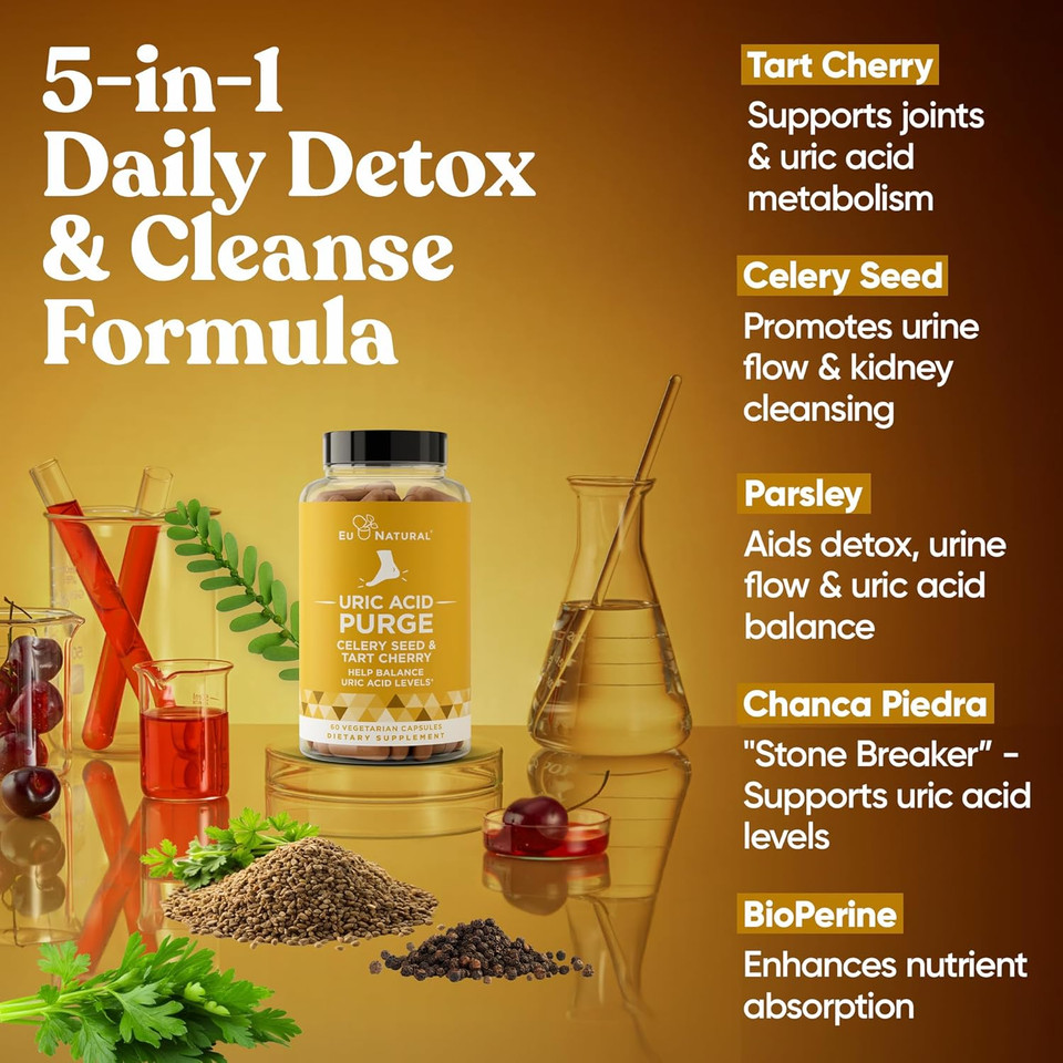 Purge! Uric Acid Flush  Eat & Drink What You Want  Detox And Cleanse With Celery Seed Extract, Tart Cherry & Chanca Piedra For Effective Joint Support & Active Mobility  120 Soft Vegan Capsules