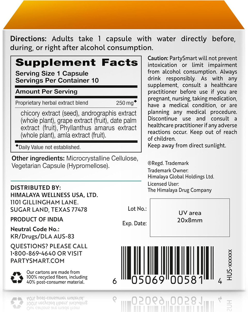 Himalaya Partysmart, One Capsule For A Better Morning After Drinking, Plant Based, Liver Support, Alcohol Breakdown, Clinically Studied, Non-Gmo, Herbal Supplement, 10 Capsules