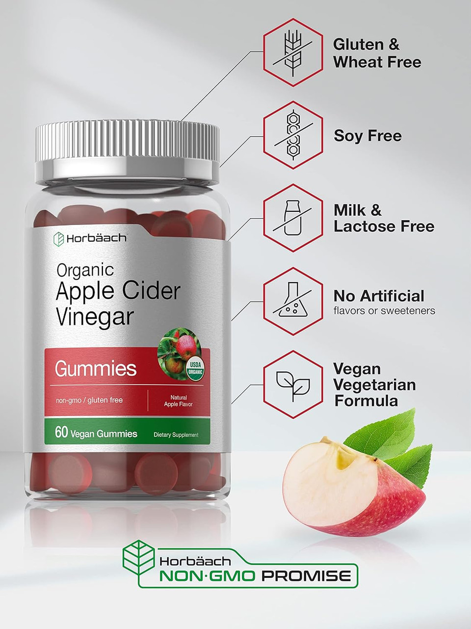 Horbã£Â¤Ach Organic Apple Cider Vinegar Gummies | 60 Gummies | Vegan, Non-Gmo & Gluten-Free Supplement | Usda Organic Acv | Apple Flavor
