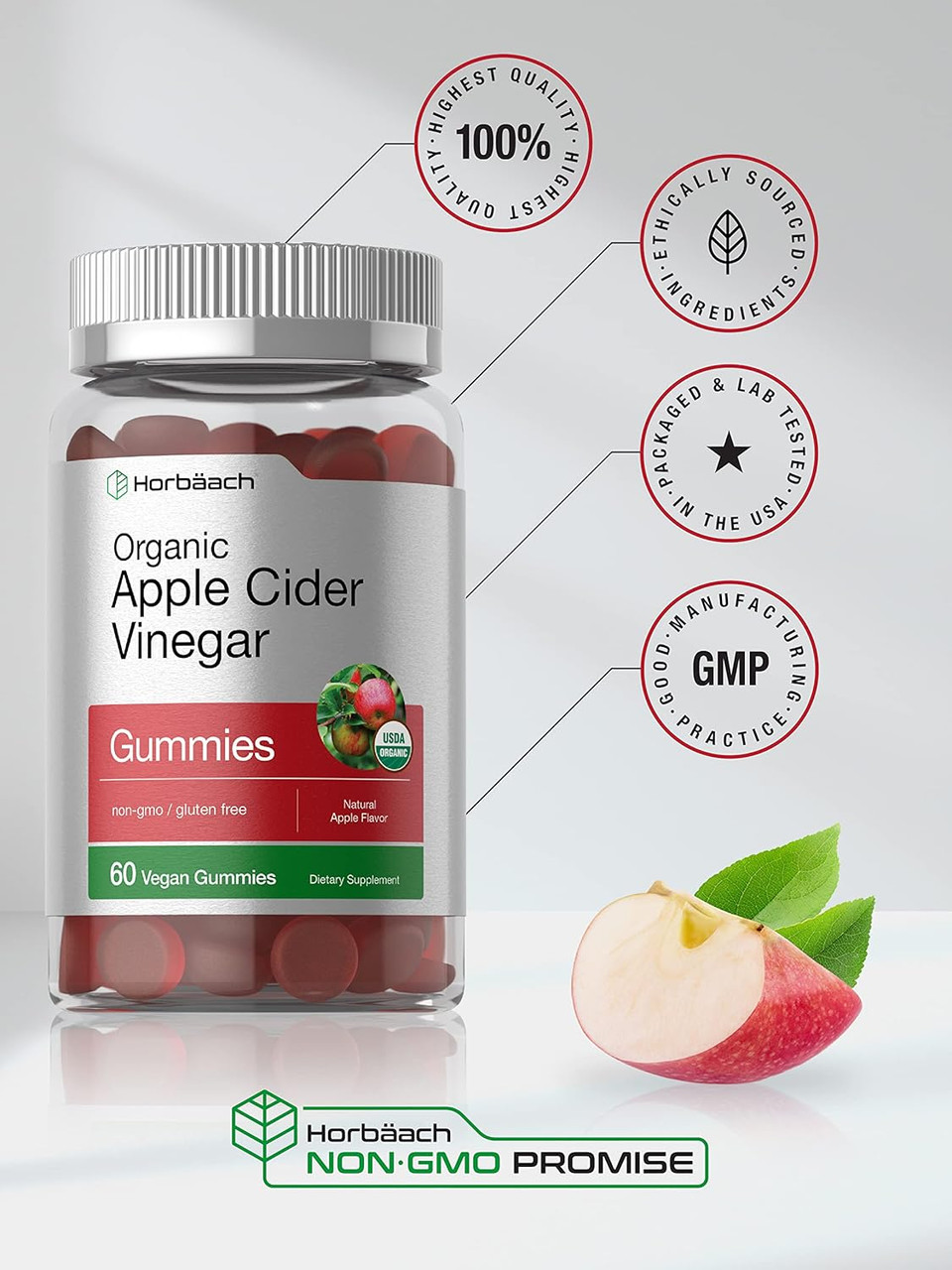 Horbã£Â¤Ach Organic Apple Cider Vinegar Gummies | 60 Gummies | Vegan, Non-Gmo & Gluten-Free Supplement | Usda Organic Acv | Apple Flavor