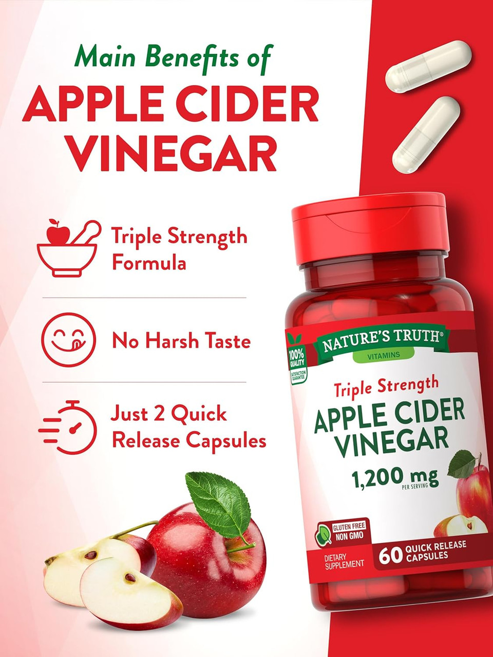 Apple Cider Vinegar Capsules | 1200Mg | 60 Pills | Quick Release | Non-Gmo & Gluten Free Supplement | By Nature'S Truth