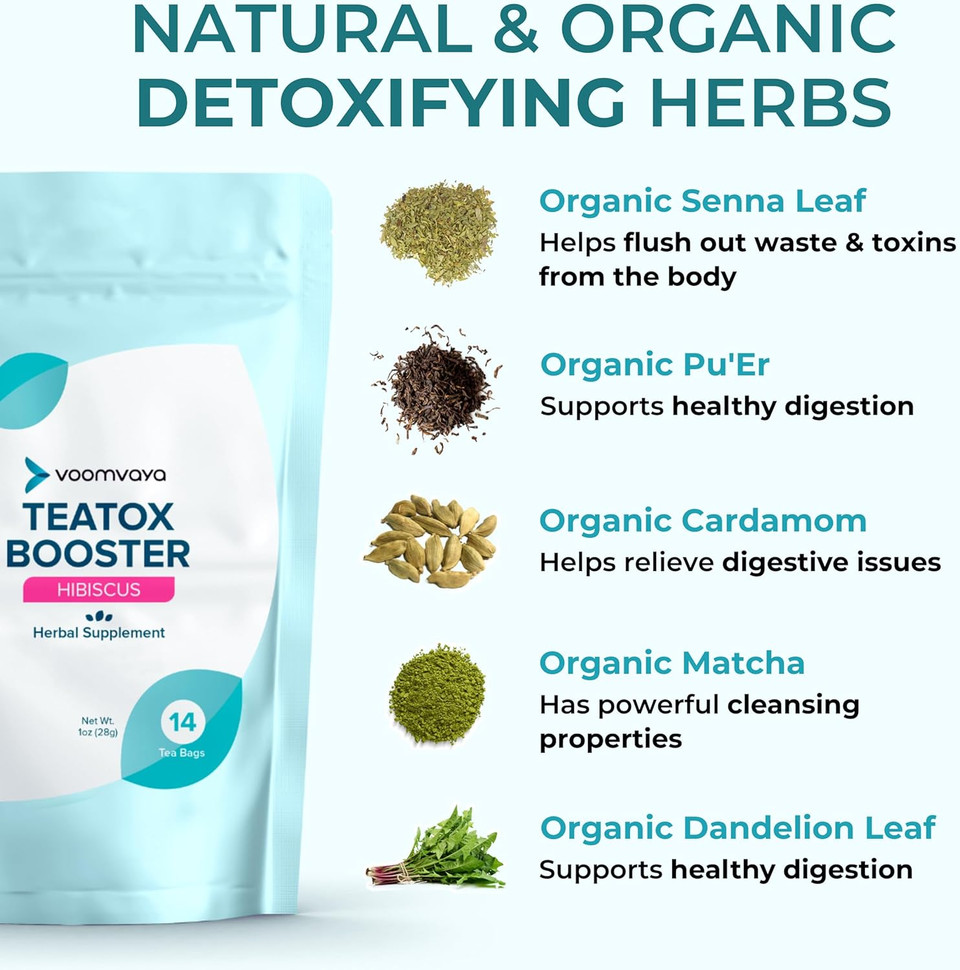 Voomvaya Teatox Booster Senna Tea - 14-Day Detox Tea For Bloating Relief, Detox Cleanse, Mood Boost - Hibiscus Flavor