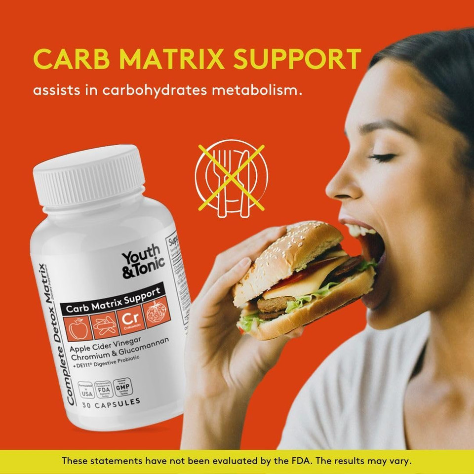 Youth & Tonic 15 Day Cleanse & Carb Matrix Support For Bloating, Gut & Metabolism Health, Break The Plateau, Feel Lighter & Energized, Colon Cleanser & Detox With Acv, Glucomannan, Chromium, 60 Pills
