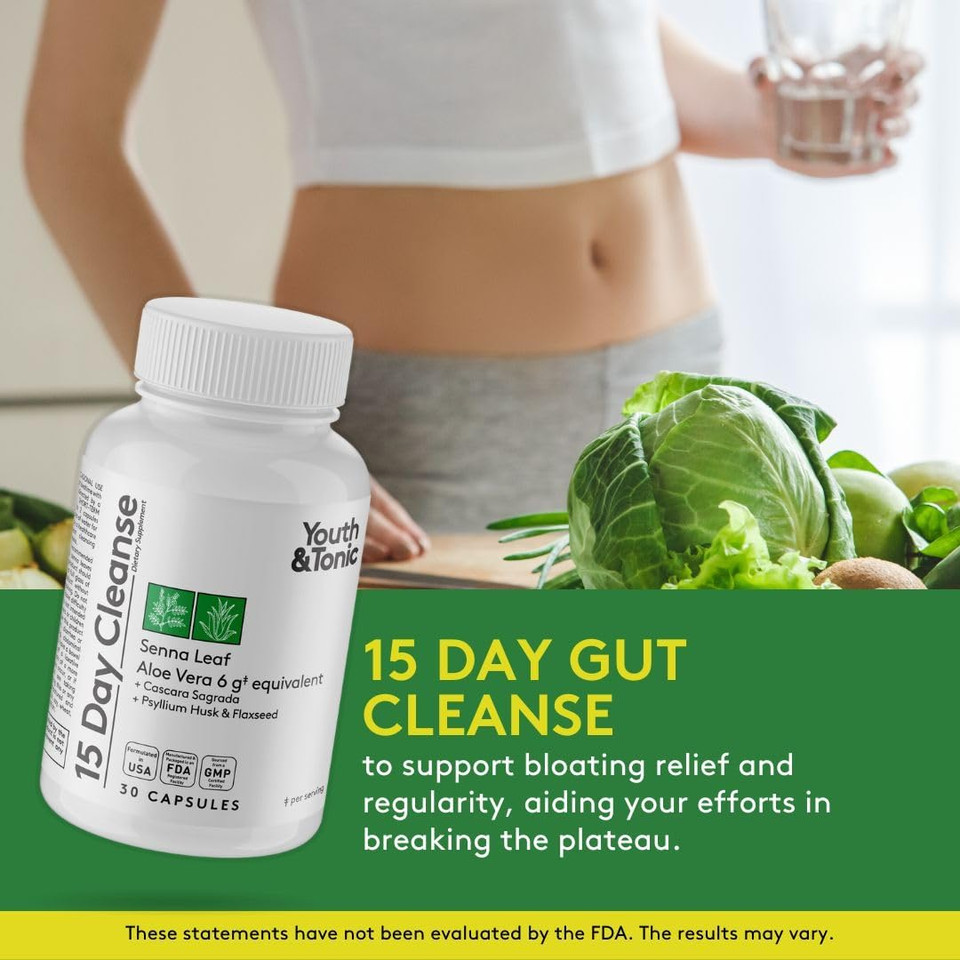 Youth & Tonic 15 Day Cleanse & Carb Matrix Support For Bloating, Gut & Metabolism Health, Break The Plateau, Feel Lighter & Energized, Colon Cleanser & Detox With Acv, Glucomannan, Chromium, 60 Pills