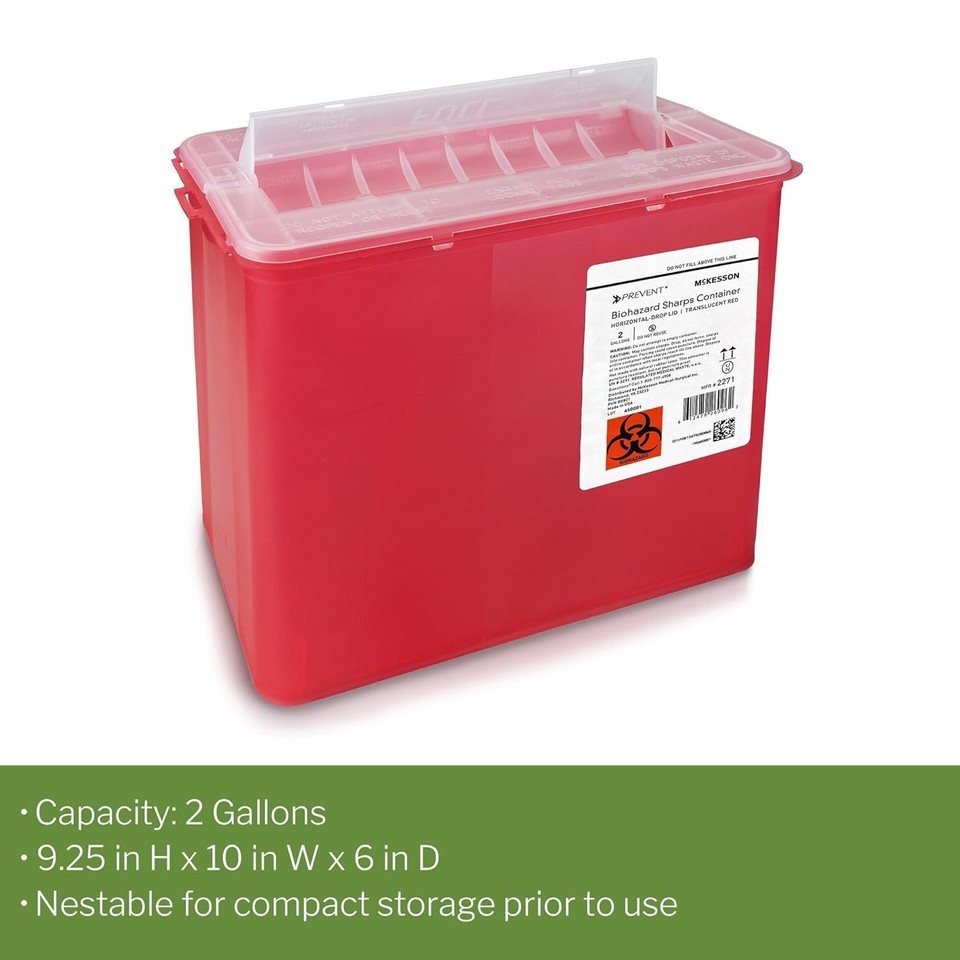 Mckesson Prevent Sharps Container For Home Use, 2 Gallon - For Biohazard Infectious Waste, Needle And Syringe Disposal - Translucent, Touchless Lid - Red, 20 Count