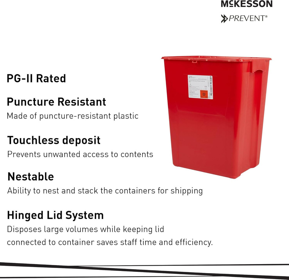 Mckesson Prevent Premium Biohazard Sharps Container - Vertical Entry, Rotating Lid - Red And White, 18 Gal, 13 In X 17 3/10 In X 24 3/5 In, 1 Count