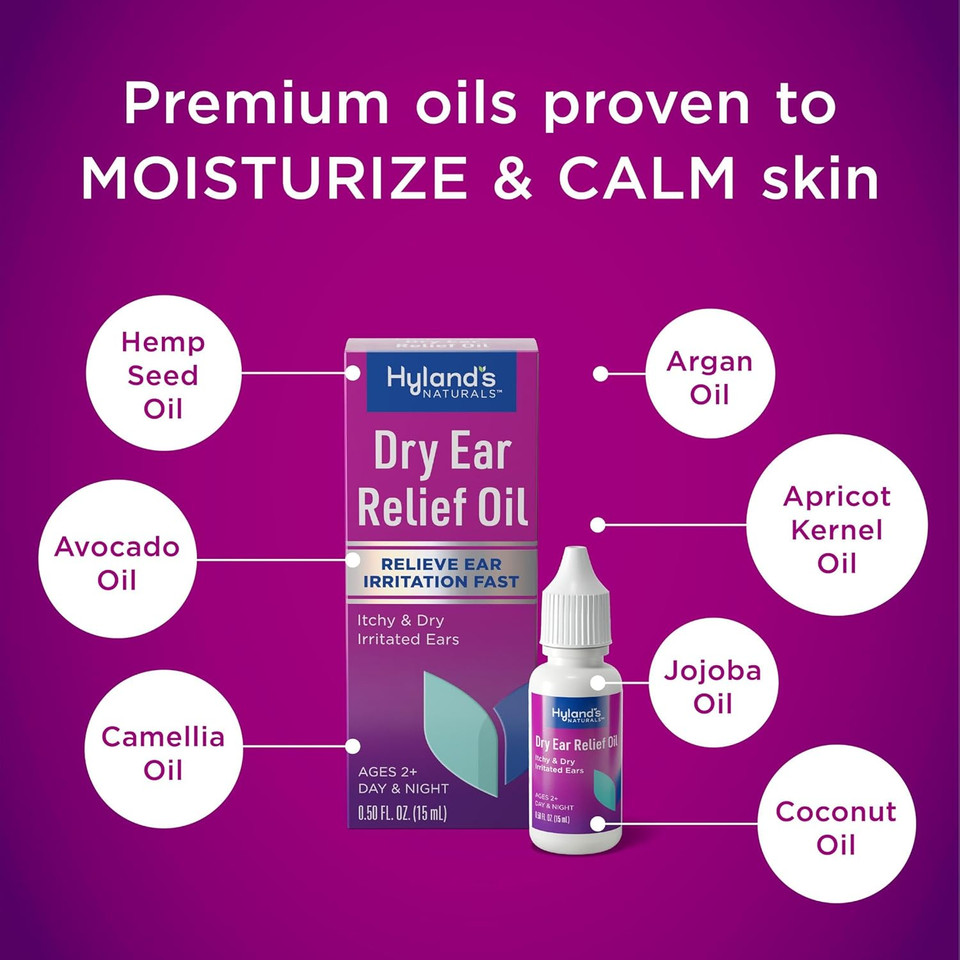Hyland'S Dry Ear Relief Oil, Relieve Ear Irritation Fast, For Itchy & Dry Irritated Ears, Ages 2+, Day & Night Drops, 0.5 Ounce