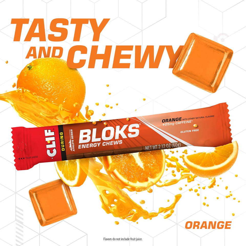 Clif Bloks - Energy Chews - Orange With 25Mg Caffeine - Non-Gmo - Plant Based Food - Fast Fuel For Cycling And Running-Workout Snack (2.1 Ounce Packet, 18 Count) - (Assortment May Vary)