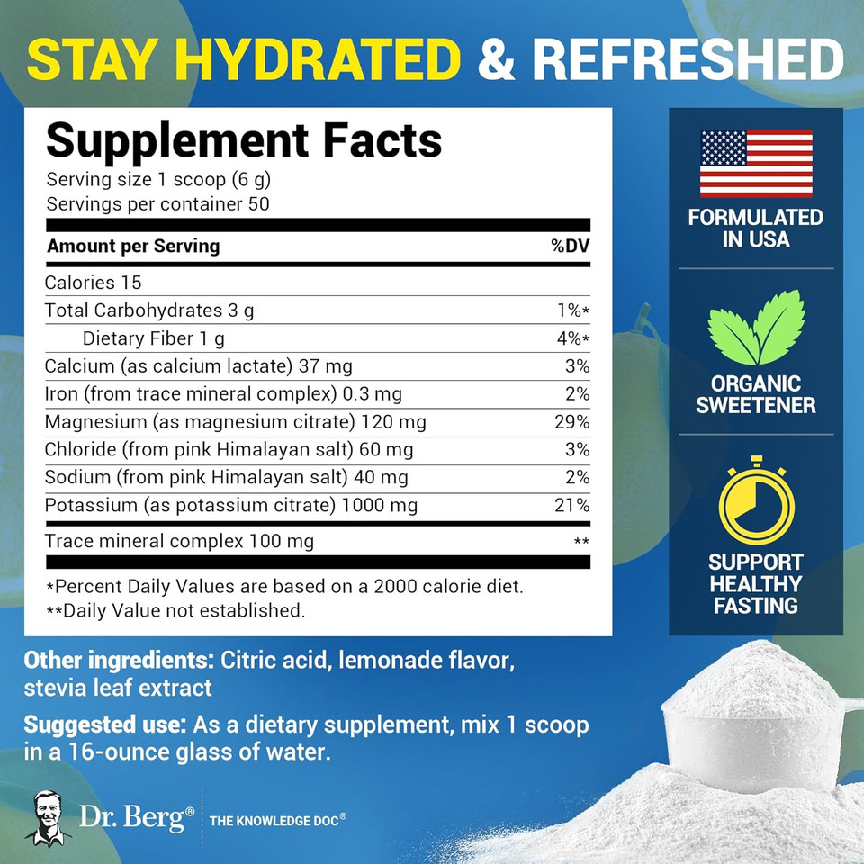 Dr. Berg Zero Sugar Hydration Keto Electrolyte Powder - Enhanced W/ 1000 Mg Of Potassium & Real Pink Himalayan Salt (Not Table Salt) - Lemonade Flavor Hydration Drink Mix Supplement - 50 Servings