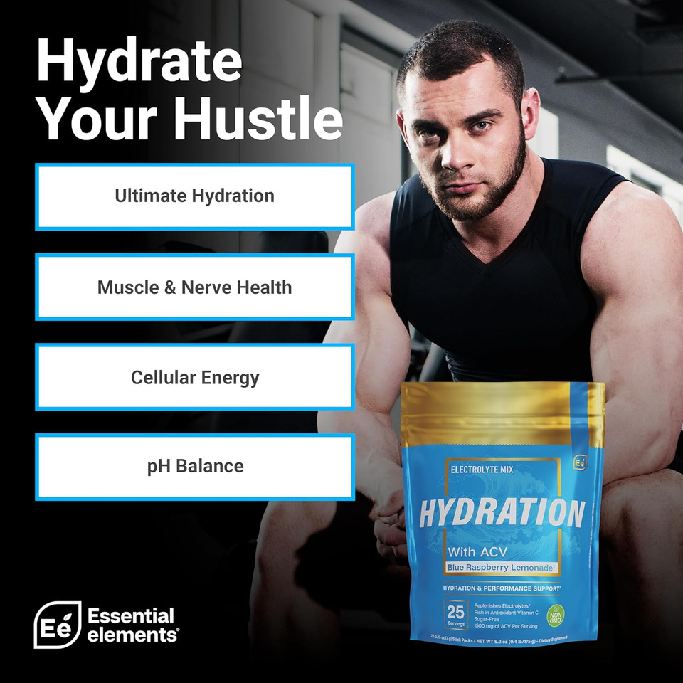 Essential Elements Hydration Packets - Blue Raspberry Pack - Sugar Free Electrolytes Powder Packets - 25 Stick Packs Of Electrolytes Powder No Sugar - Hydration Drink - With Acv & Vitamin C